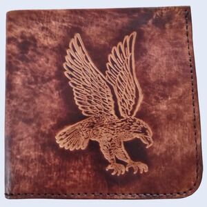 Men's Leather Bifold Wallet Embossed Eagle Design Brown Rustic Handmade in MICH.